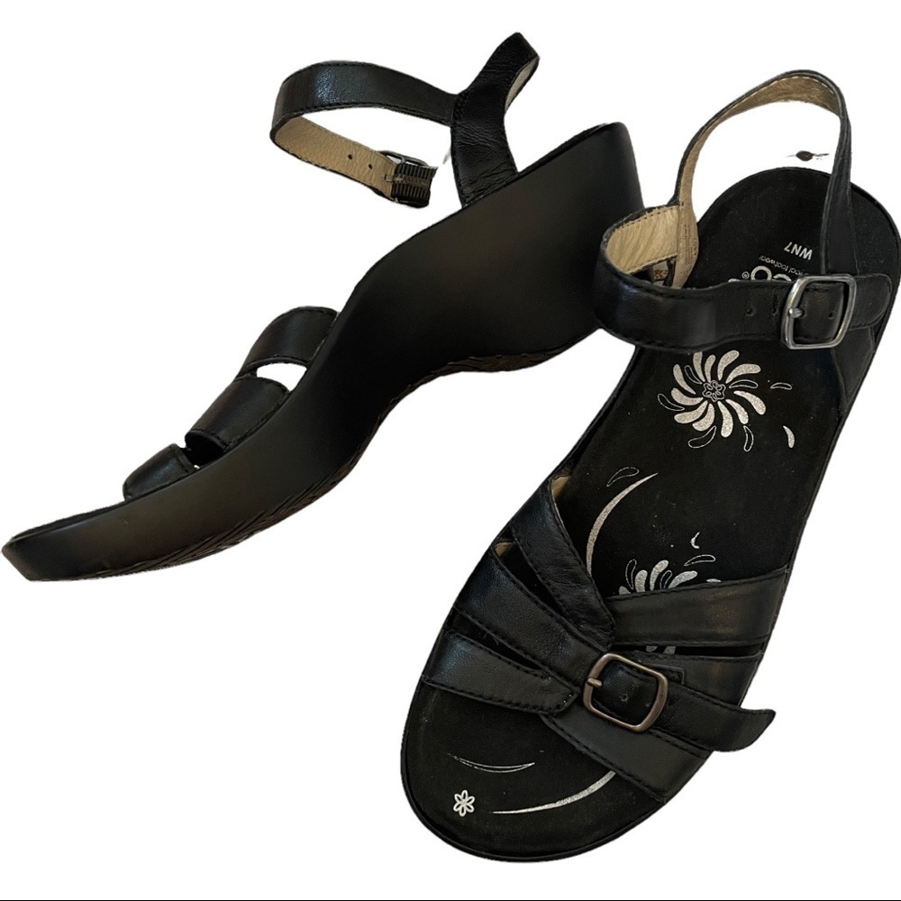 ABEO Sandal Heel Black Leather Size 7 buckle up